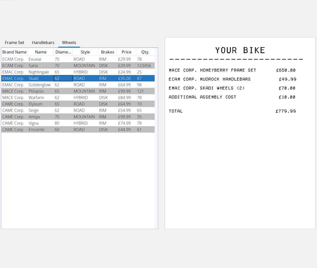 The bike builder app as it would be displayed after the user has built a bike. A receipt is displayed, reading: 'MACE CORP HONEYBERRY FRAME SET: £650. ECAM CORP MUDROCK HANDLEBARS: £49.99. EMAC CORP SKADI WHEELS (2): £70. ADDITIONAL ASSEMBLY COST: £10. TOTAL: £779.99.
