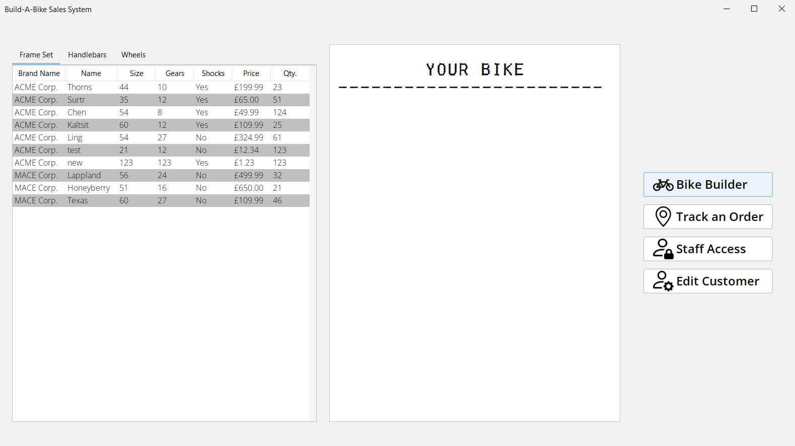 The default screen for my systems design project. On the left is a list of bike frames, next to an empty receipt.