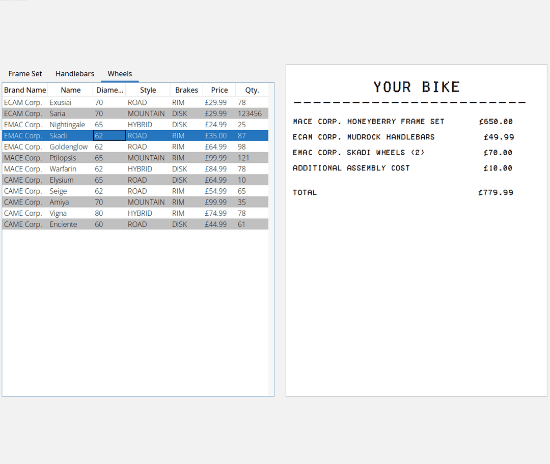 The bike builder app as it would be displayed after the user has built a bike. A receipt is displayed, reading: 'MACE CORP HONEYBERRY FRAME SET: £650. ECAM CORP MUDROCK HANDLEBARS: £49.99. EMAC CORP SKADI WHEELS (2): £70. ADDITIONAL ASSEMBLY COST: £10. TOTAL: £779.99.